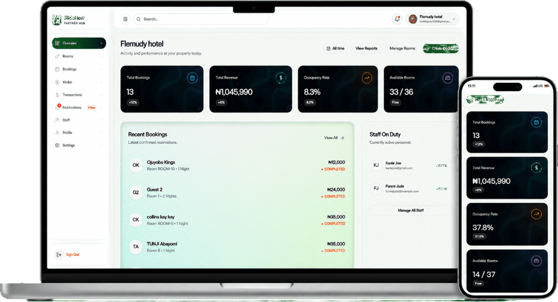 The SlideHost host dashboard showcase on desktop and mobile showing bookings, revenue, occupancy, and available rooms at a glance